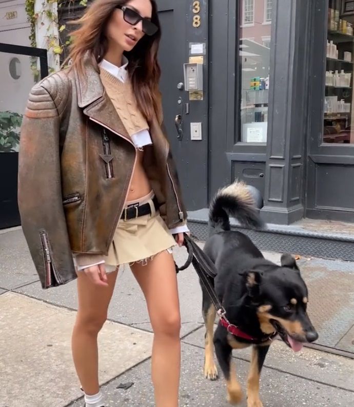 Эмили Ратаковски, так же, как и Дарина Эрвин, выгуляла собаку, надев короткую юбку, и попала на страницы Vogue
