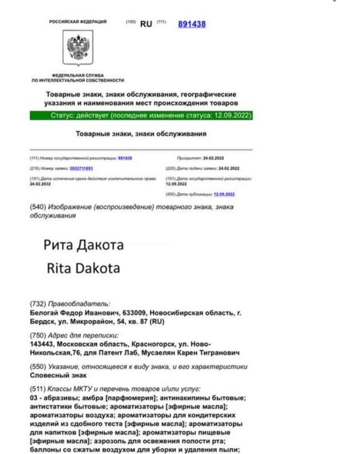 Рита Дакота патент
