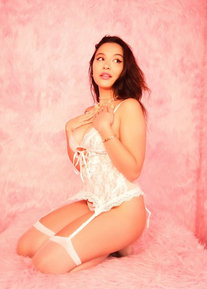 Making a photo shoot in lingerie, Stella Hudgens flashed her nipple