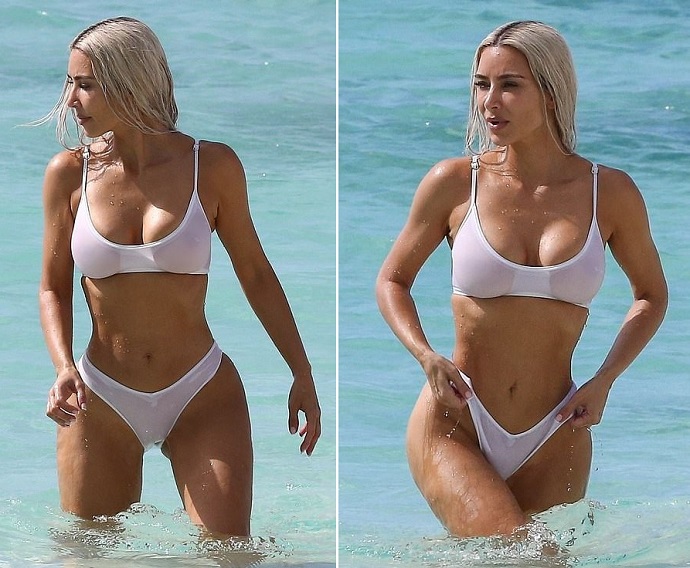 Папарацци застукали Ким Кардашьян во время любительской фотосессии в мокром, прозрачном, белом бикини